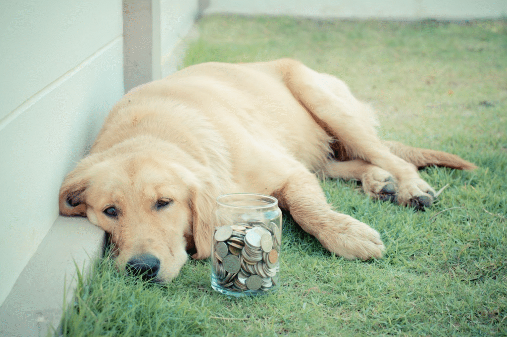 A golden retriever, one of the cheapest dog breeds, lying down next to a jar full of coins.